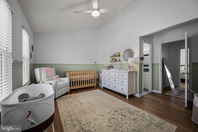 bedroom featuring lofted ceiling, ceiling fan, and wood finished floors