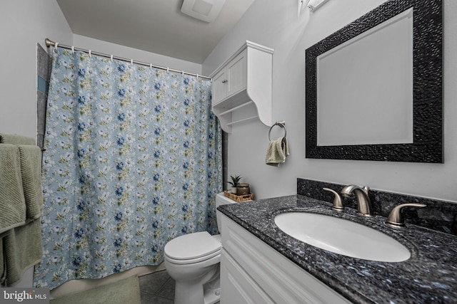 full bath featuring toilet, tile patterned flooring, a shower with shower curtain, and vanity