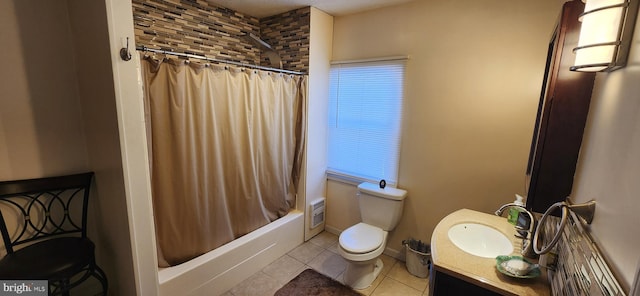 full bathroom featuring shower / tub combo with curtain, tile patterned flooring, vanity, and toilet