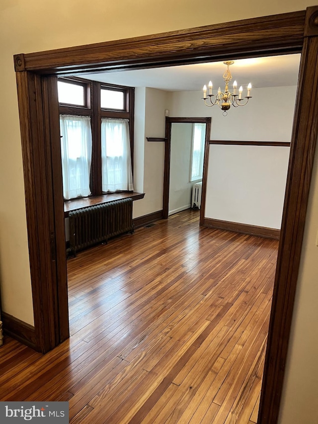 spare room with radiator heating unit, wood-type flooring, and a wealth of natural light