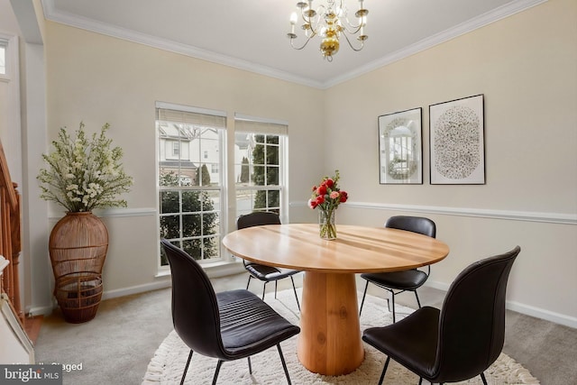 dining room featuring ornamental molding, light carpet, and a notable chandelier