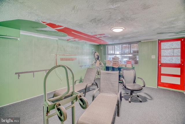 exercise room with carpet flooring and a textured ceiling