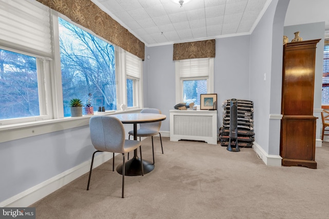 carpeted dining space featuring radiator, baseboards, and crown molding