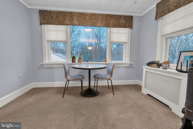 carpeted dining room with radiator heating unit, baseboards, and crown molding