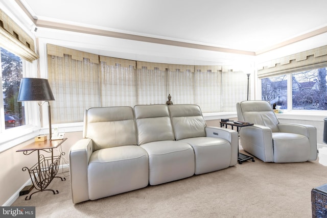 carpeted living area featuring baseboards