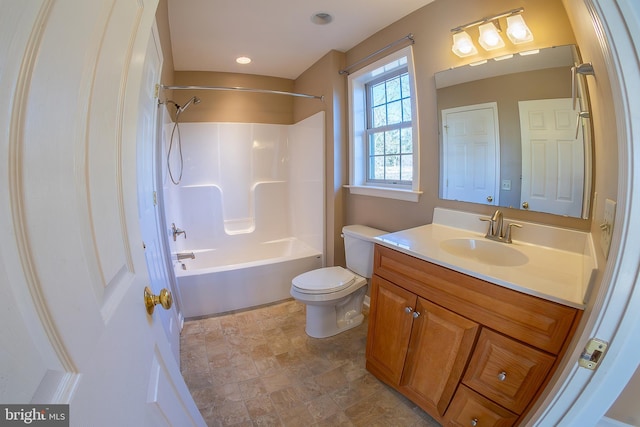 full bath with toilet, bathtub / shower combination, and vanity