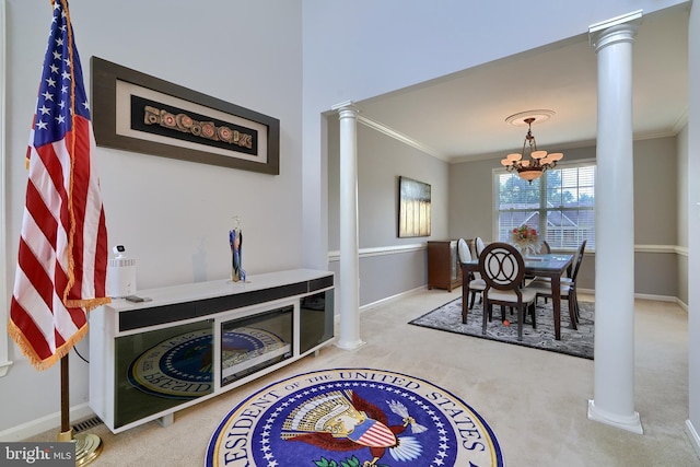 5816 Rockburn Woods Way, Elkridge, MD 21075 - dining room with a notable chandelier, crown molding, ornate columns, and light colored carpet