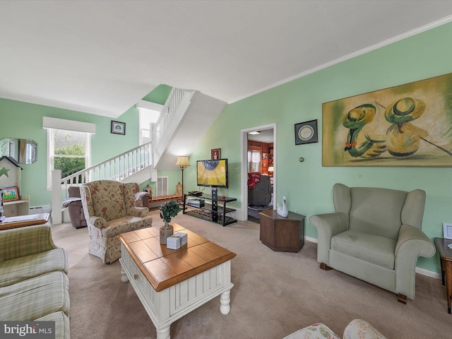 living area featuring crown molding, visible vents, stairway, light carpet, and baseboards
