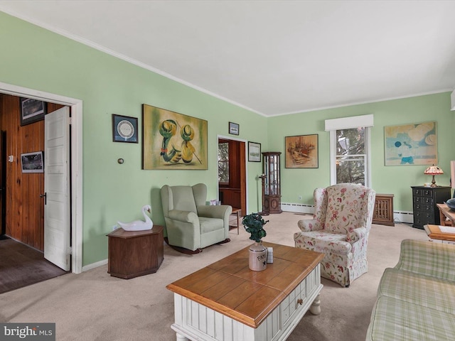 living room featuring crown molding, baseboard heating, a baseboard radiator, and light colored carpet