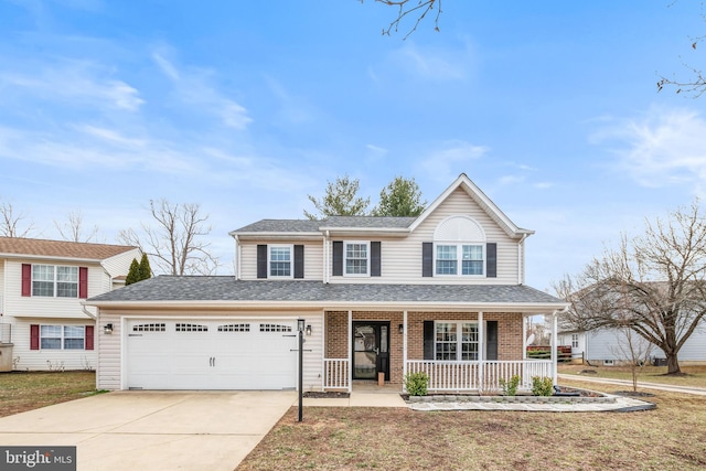 traditional-style home featuring a garage, concrete driveway, roof with shingles, covered porch, and brick siding