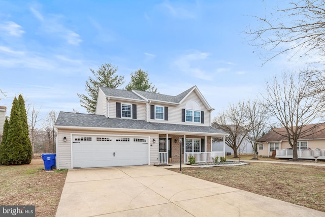 traditional home featuring covered porch, a garage, brick siding, driveway, and roof with shingles