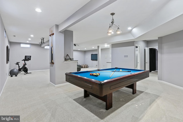 playroom featuring recessed lighting, pool table, light colored carpet, and baseboards