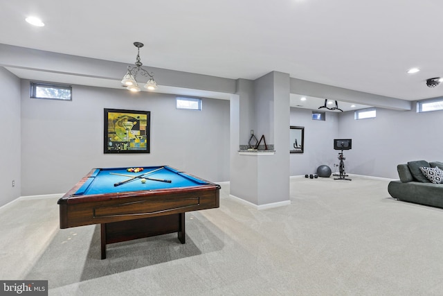 playroom with light carpet, baseboards, and recessed lighting