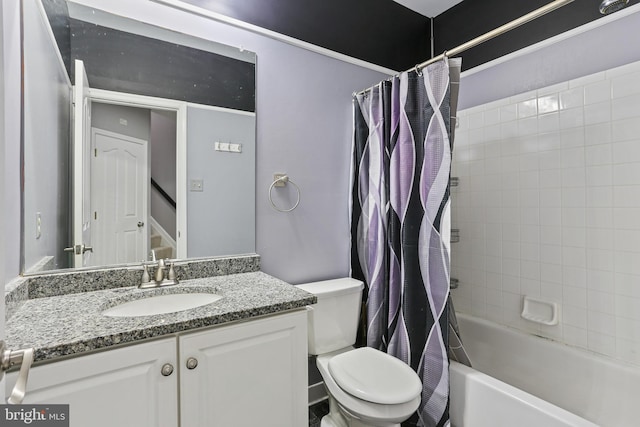 full bath featuring toilet, shower / tub combo with curtain, and vanity