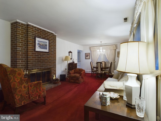 living room featuring carpet flooring, a chandelier, a baseboard radiator, and a brick fireplace