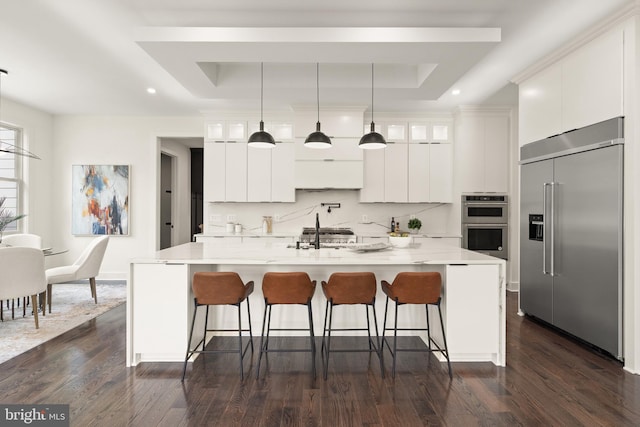 kitchen featuring stainless steel appliances, a raised ceiling, decorative light fixtures, and white cabinetry