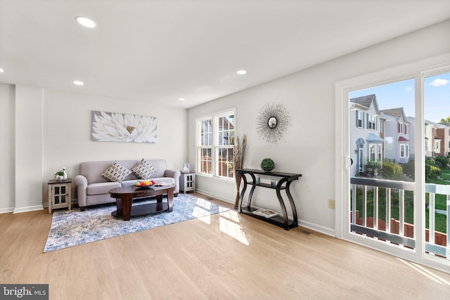 living room with light hardwood / wood-style flooring and a healthy amount of sunlight