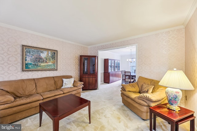 living room featuring a chandelier, light colored carpet, crown molding, and wallpapered walls