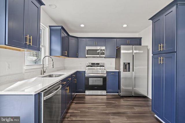 kitchen featuring blue cabinetry, stainless steel appliances, sink, light stone counters, and dark hardwood / wood-style floors