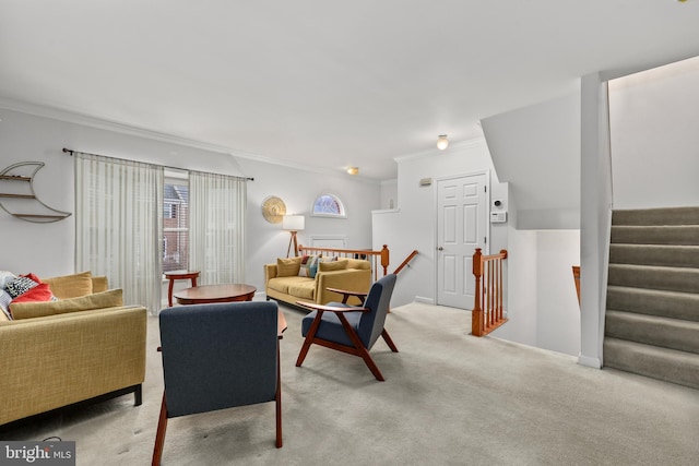 carpeted living room featuring crown molding