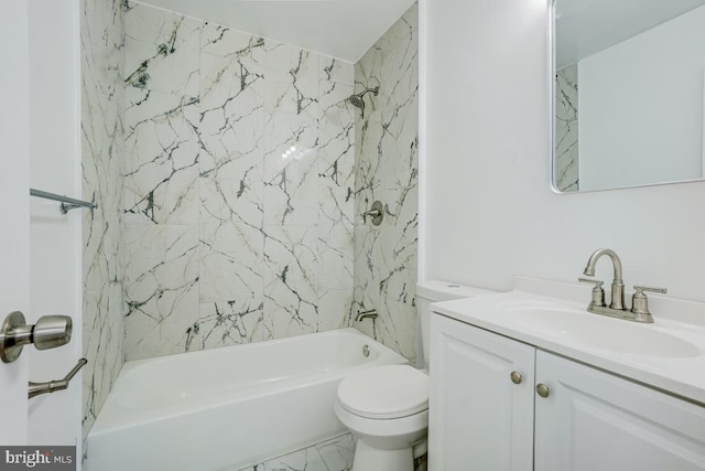 bathroom with shower / washtub combination, marble finish floor, vanity, and toilet