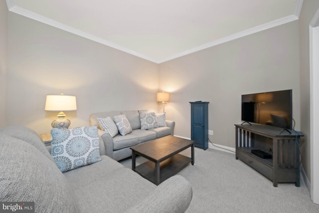 living room with carpet and crown molding