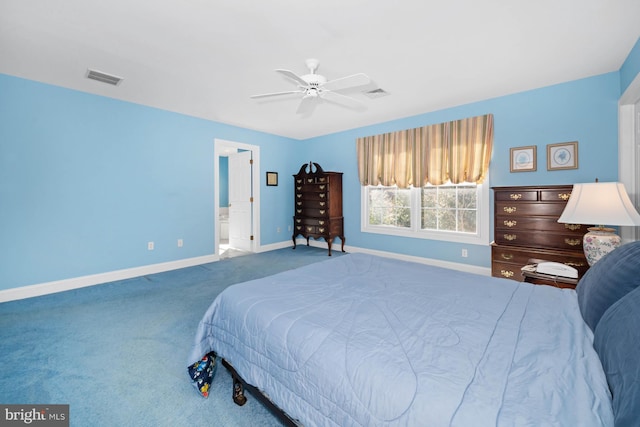 bedroom featuring connected bathroom, ceiling fan, and carpet flooring