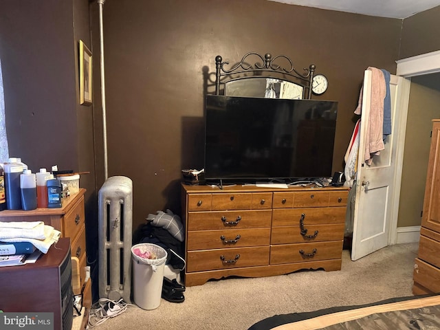 carpeted bedroom featuring radiator