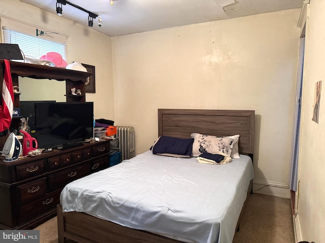 bedroom with baseboards, radiator heating unit, rail lighting, and light colored carpet