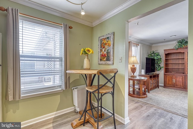 interior space with ornamental molding, baseboards, and light wood finished floors