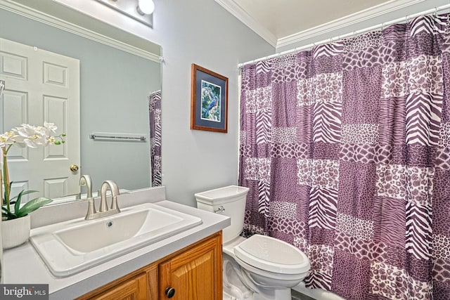 bathroom featuring toilet, vanity, and crown molding