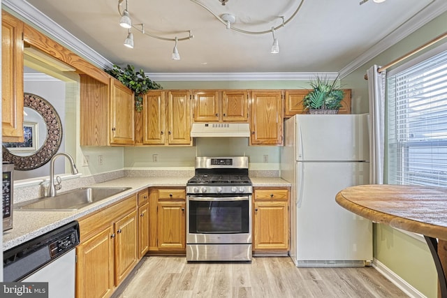 kitchen with under cabinet range hood, crown molding, stainless steel appliances, and a sink