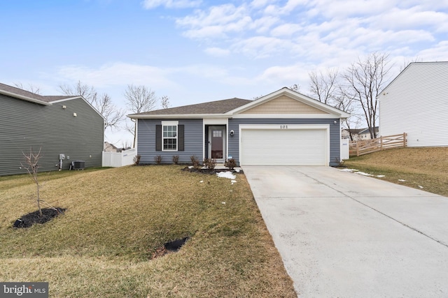 single story home featuring central air condition unit, a front yard, and a garage