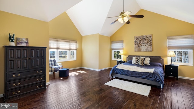 bedroom featuring high vaulted ceiling, a ceiling fan, baseboards, and hardwood / wood-style flooring