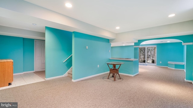 interior space with recessed lighting, stairway, baseboards, and carpet flooring