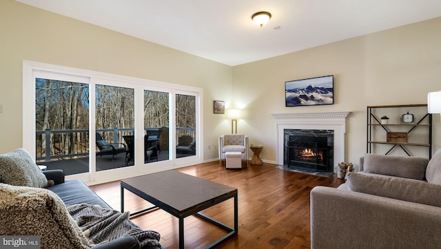 living area featuring a fireplace, baseboards, and wood-type flooring