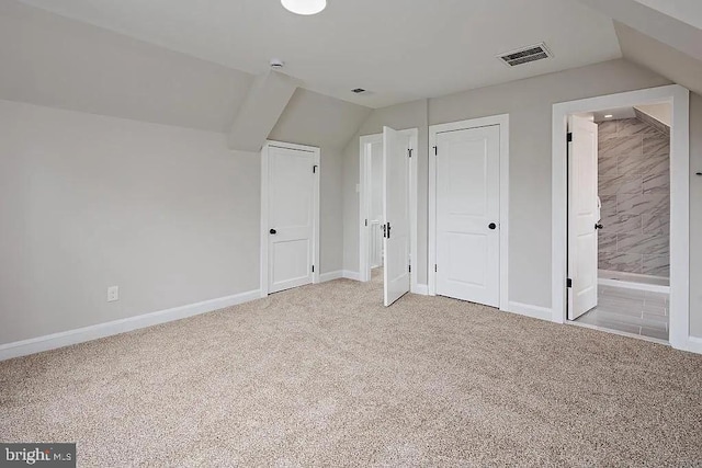 additional living space with vaulted ceiling and carpet flooring