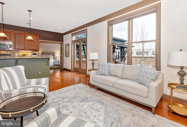 living room with baseboards and light wood-style floors