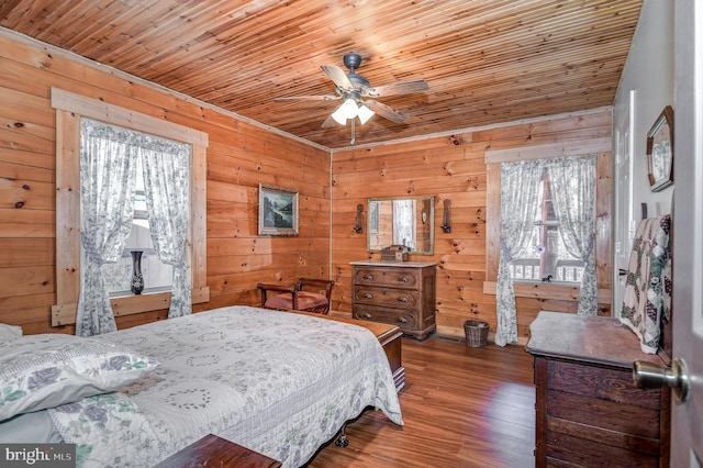 bedroom featuring wood walls, wood ceiling, and dark hardwood / wood-style floors