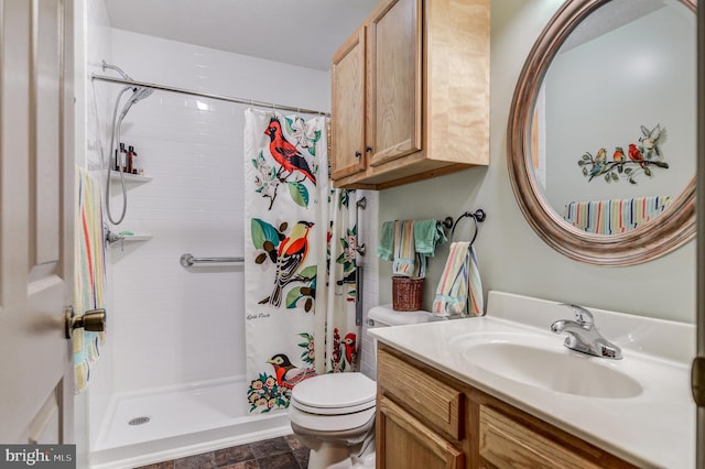 bathroom with toilet, curtained shower, and vanity