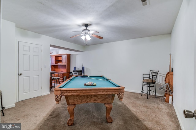 playroom featuring ceiling fan, billiards, and light colored carpet