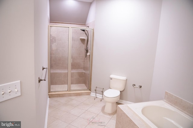 bathroom featuring tile patterned floors, plus walk in shower, and toilet