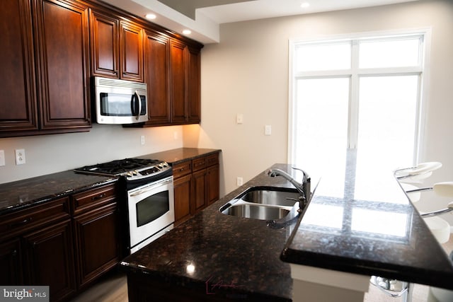 kitchen with sink, dark stone countertops, and stainless steel appliances