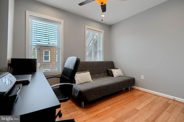 office space featuring ceiling fan, light wood-type flooring, and baseboards