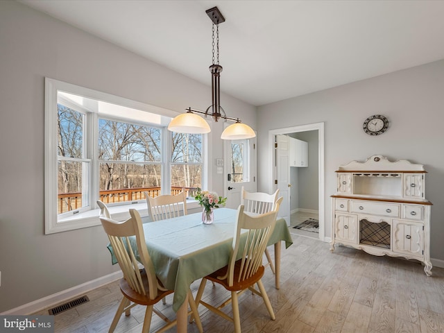 dining room with light wood-type flooring, visible vents, and baseboards