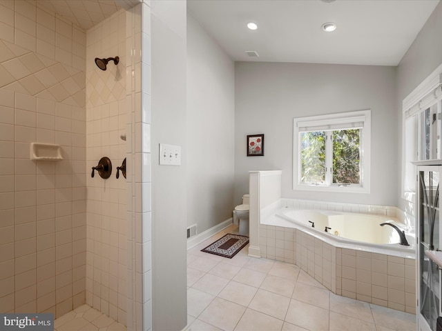 full bath with tile patterned flooring, toilet, a garden tub, visible vents, and a stall shower