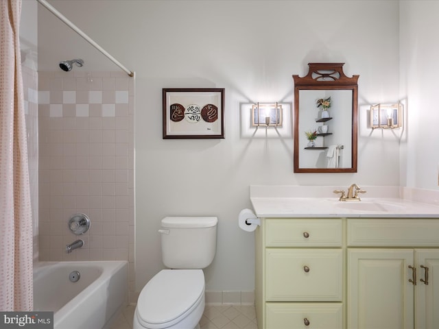 bathroom featuring tile patterned flooring, toilet, vanity, baseboards, and shower / bathtub combination with curtain