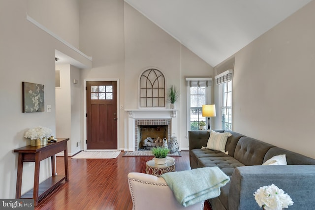 living room featuring high vaulted ceiling, a healthy amount of sunlight, baseboards, and wood finished floors