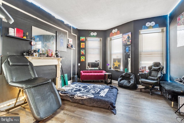 living area with wood-type flooring and a textured ceiling