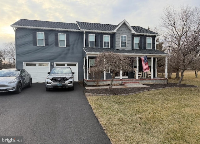 view of front facade featuring a garage, a front yard, covered porch, and driveway